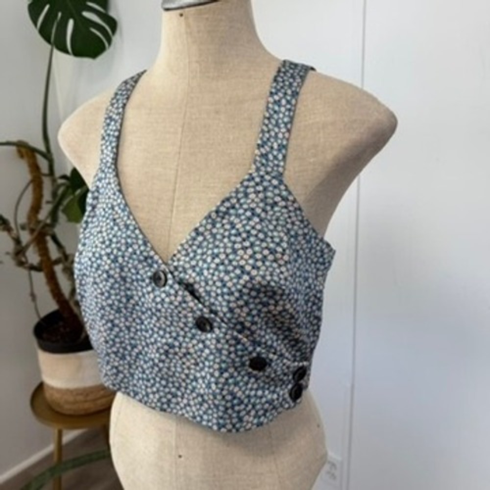 Madewell Crop Top Womens 6 Blue Floral V-Neck Smocked Back AC267 Boho Summer